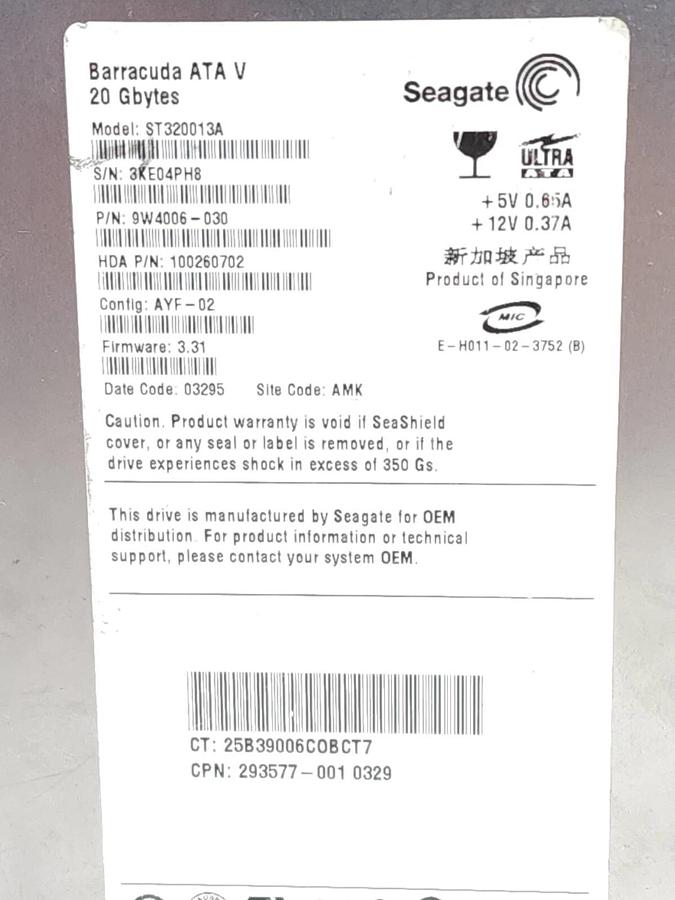 Used SEAGATE ST320013A BARRACUDA ATA V HARD DRIVE 20 GBYTES