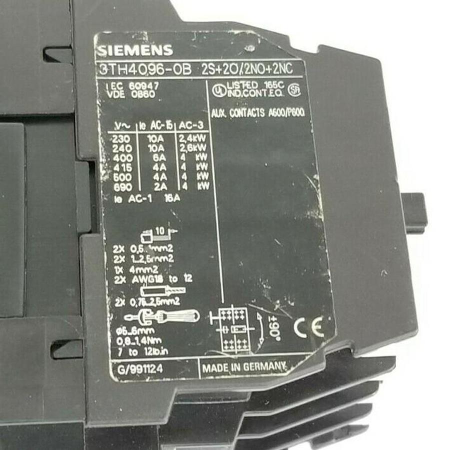 Used SIEMENS 3TH4096-0B 2S+2O/2NO+2NC, 3TH40, 24V, 0.8-1.2 DC, 3TX7402-3G