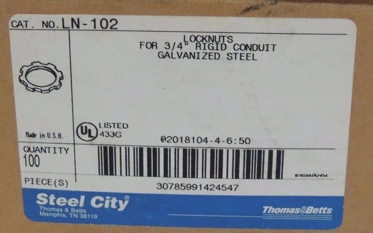 Used NIB THOMAS & BETTS LN-102 LOCKNUTS FOR 3/4" RIGID CONDUIT QTY 100