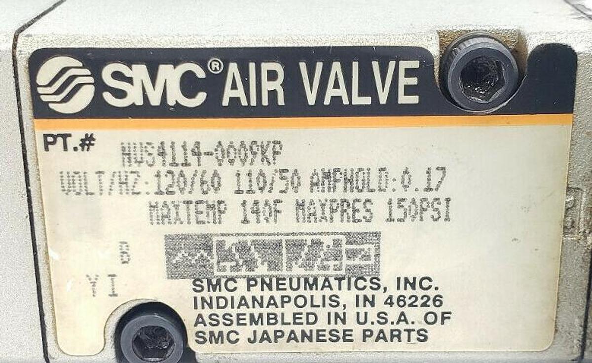Used SMC NVS4114-0009KP5 SOLENOID VALVE 150PSI MAX 120VAC 60HZ W/ MANIFOLD BLOCK