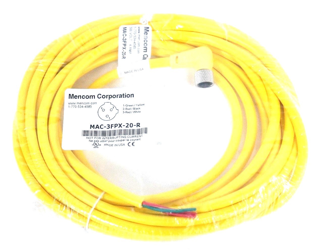 NEW MENCOM MAC-3FPX-20-R MICRO-AC SERIES CORDSET 300V, 4A, 3P, 20FT, MAC3FPX20R