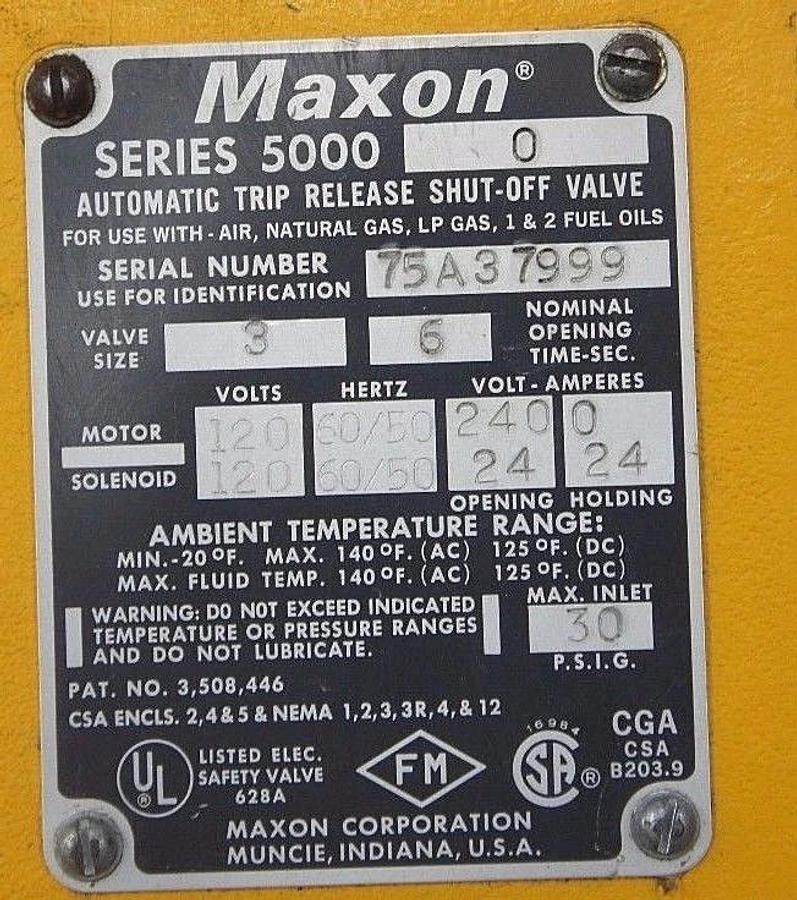NEW MAXON 5000-0 AUTOMATIC TRIP RELEASE SHUT-OFF VALVE SIZE 3", 120V, 60/50 HZ
