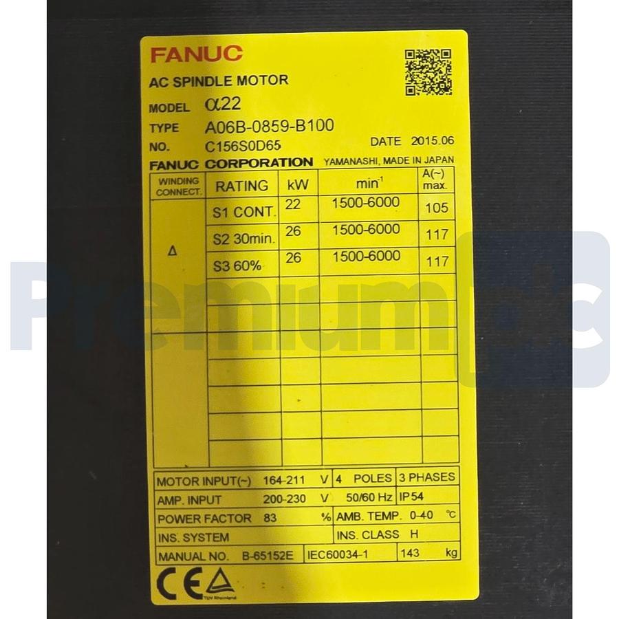 Used FANUC A06B-0859-B100 Alpha α22 AC Spindle Motor 6000RPM 22kW 3PH NSMP (read)
