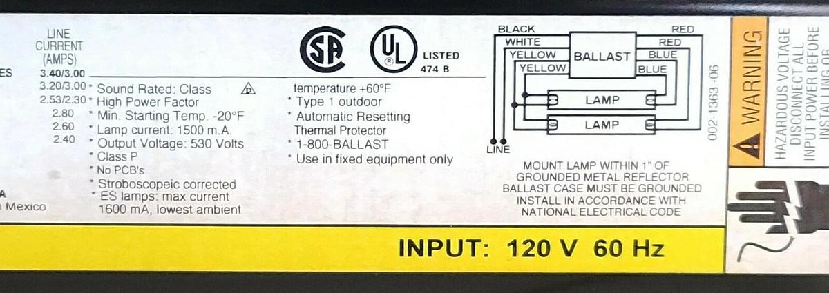 Used NIB UNIVERSAL LIGHTING TECHNOLOGIES 931LHTCP000I MAGNETIC BALLAST 120V 60HZ