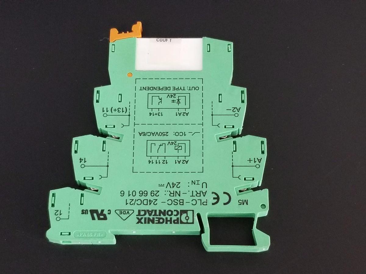 Used PHOENIX CONTACT PLC-BSC-24DC/21 MODULE ORD. NO. 2966016 W/ 2961105 RELAY