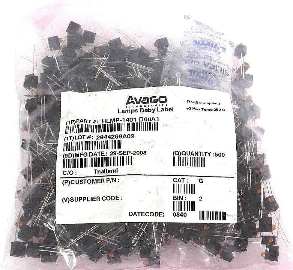 BAG OF 500 NEW AVAGO HLMP-1401-D00A1 LED, T-1, YELLOW, 3.6MCD, 585NM LAMPS