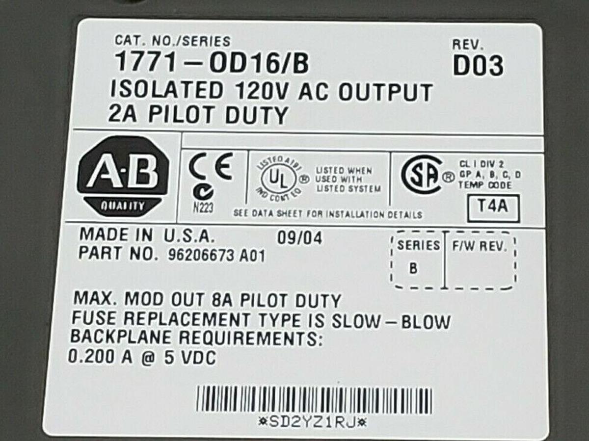 Used ALLEN-BRADLEY 1771-OD16 SER. B ISOLATED 120V AC OUPUT MODULE 1771-OD16/B REV D03