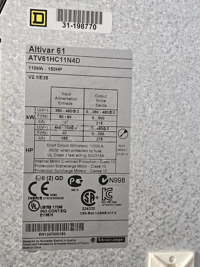Used SCHNEIDER ELECTRIC ATV61HC11N4D Altivar 61 ATV61 VARIABLE SPEED DRIVE 150HP 460V