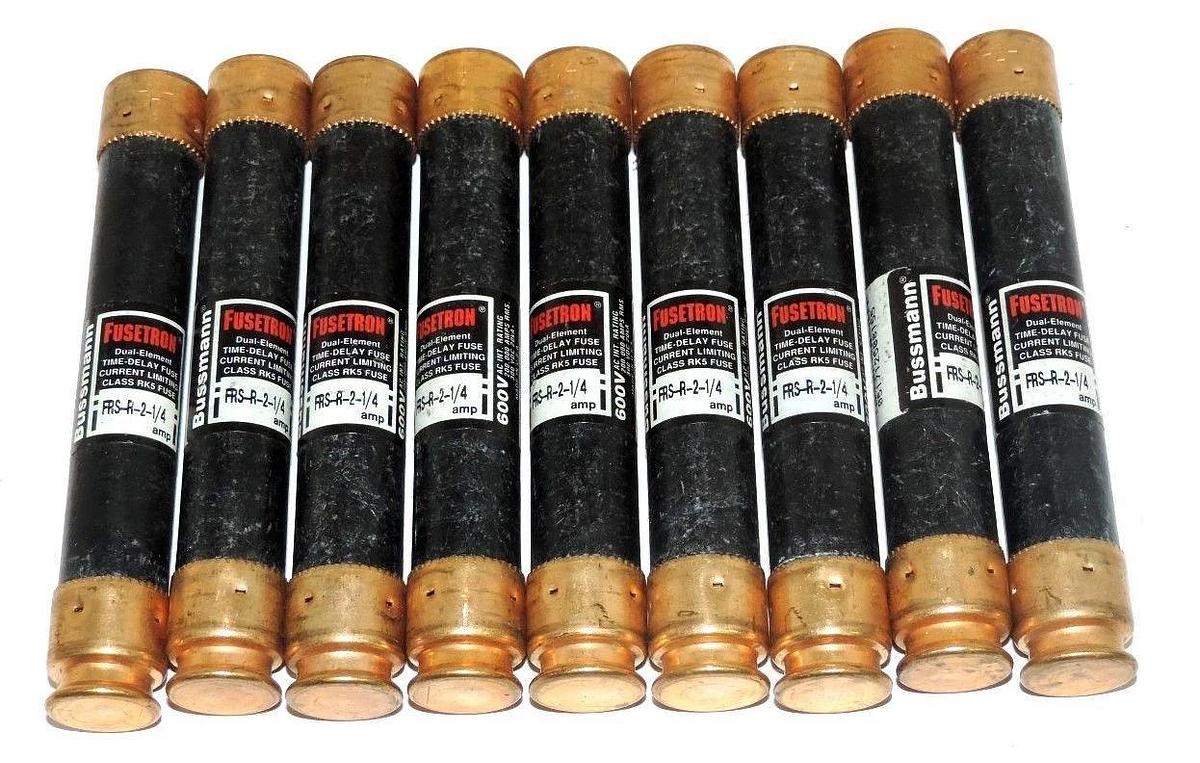 Used LOT OF 9 BUSSMANN FUSETRON FRS-R-2-1/4 DUAL ELEMENT TIME-DELAY FUSES