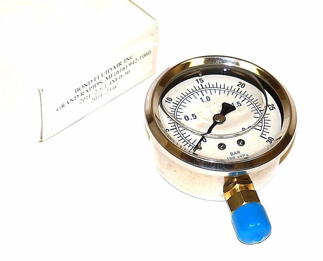 Used NIB BOND FLUIDAIR 201L-2.5-1/4M-0-30 PRESSURE GAUGE 2 1/2'' LIQUID FILLED