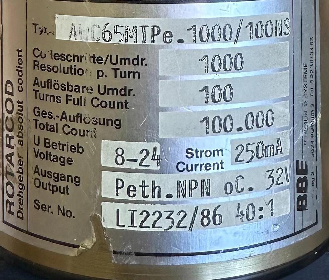 Used BBE LIKA AWC65MTPe.1000/100NS / AWC65MTPE1000100NS ROTARCOD ENCODER 40:1 250mA