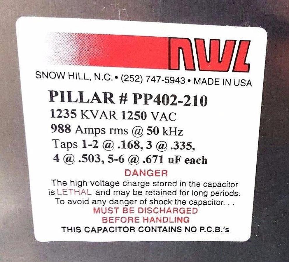 Used NEW PILLAR PP402-210 CAPACITOR 1235 KVAR 1250 VAC 988 AMPS RMS @ 50KHZ, PP402210
