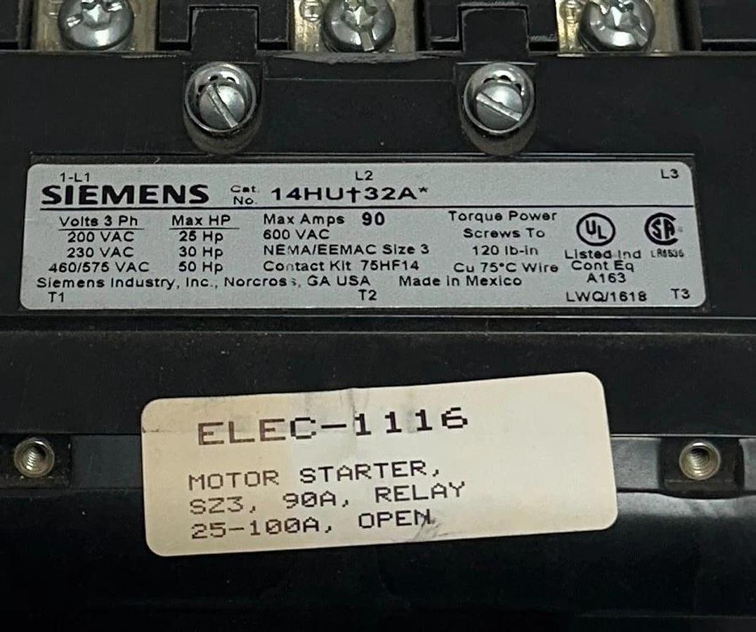 Used For Parts SIEMENS 14HU+32A / 14HU 32A SIZE 3 MOTOR STARTER 90A 600VAC 3PH *READ