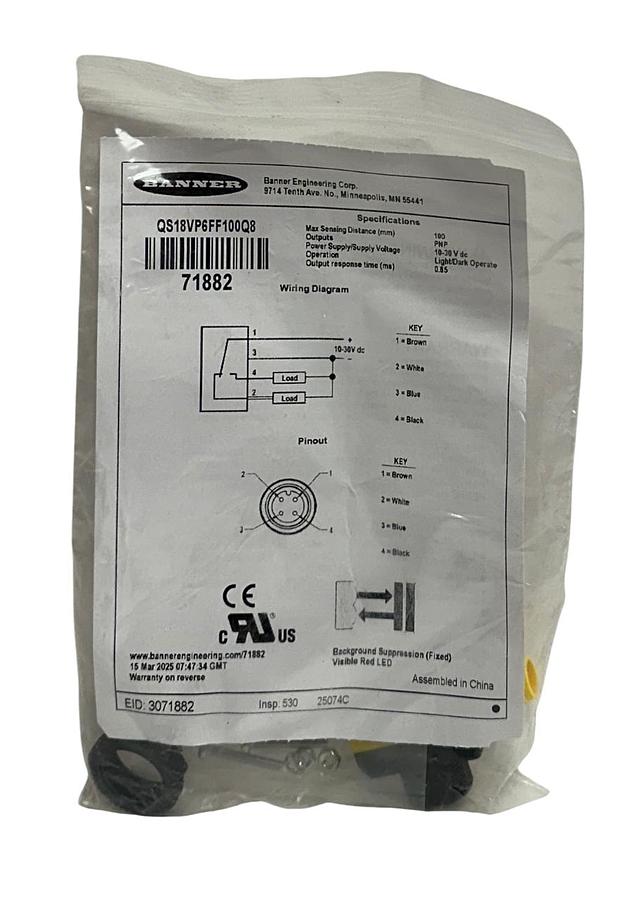 Used BANNER QS18VP6FF100Q8 / 71882 PHOTOELECTRIC SENSOR QS18 SERIES 10-30VDC PNP NSMP