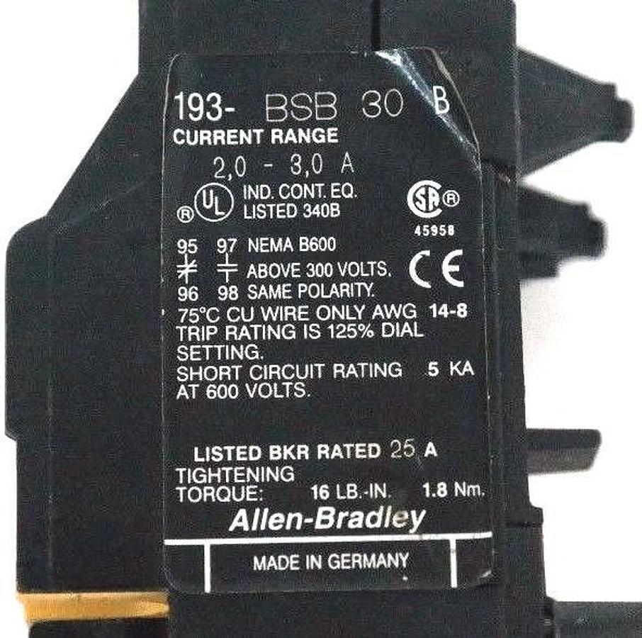 Used ALLEN BRADLEY 193-BSB-30 OVERLOAD RELAY 193BSB30, SER. B, 2-3AMP