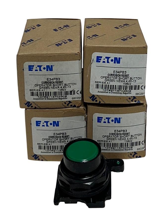 Used 4 EATON E34PB3 CORROSION RESISTANT OPERATOR PUSH BUTTONS GREEN SERIES A1 NSMP