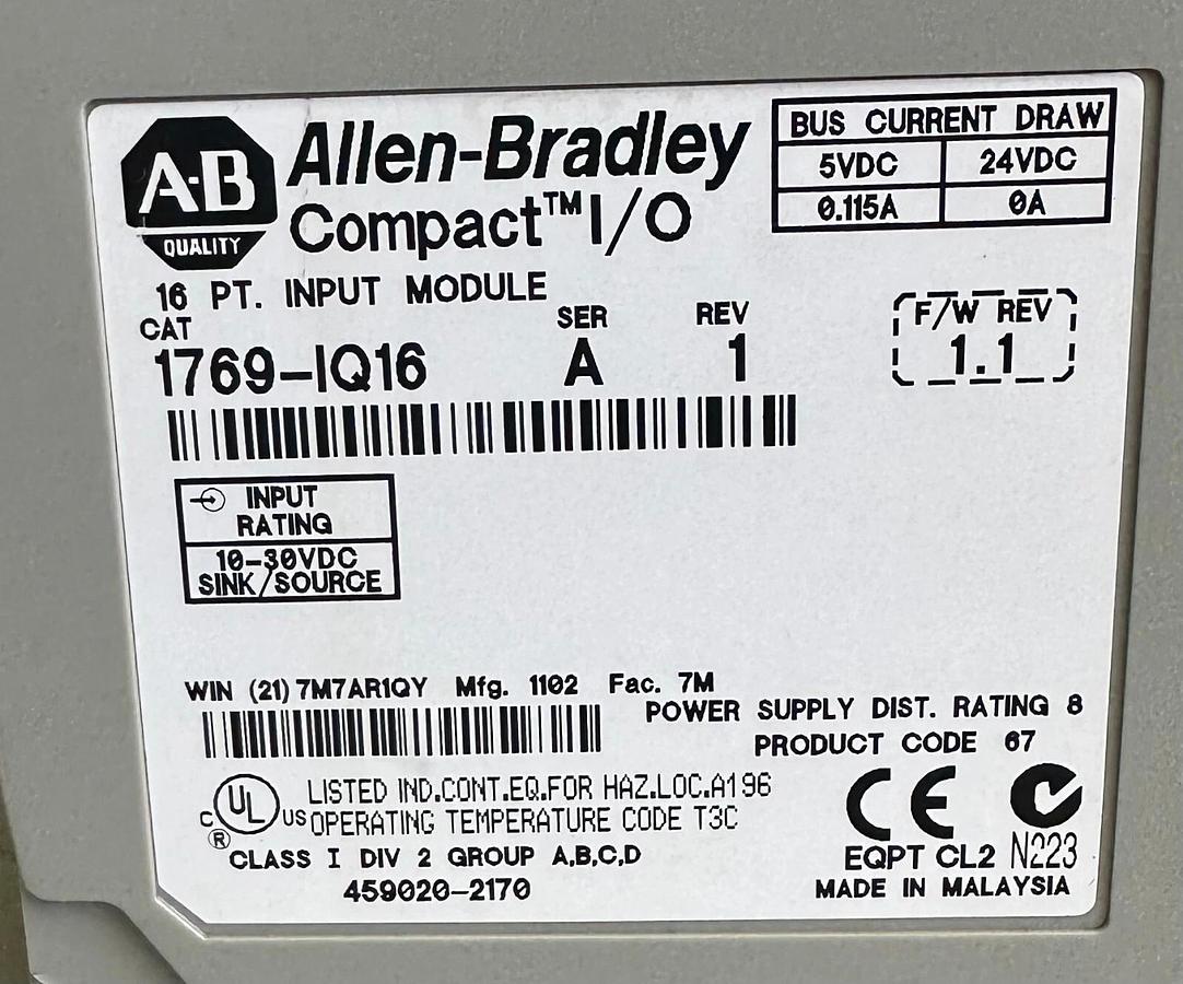Used ALLEN BRADLEY 1769-IQ16 /A Compact I/O 16-PT INPUT MODULE FW. 1.1 1769IQ16