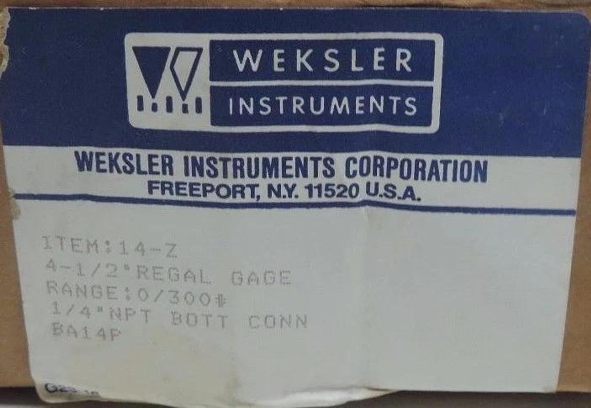 NIB WEKSLER 14-Z REGAL GAUGE 4-1/2" 0-300PSI, 1/4" NPT BOTT CONN.