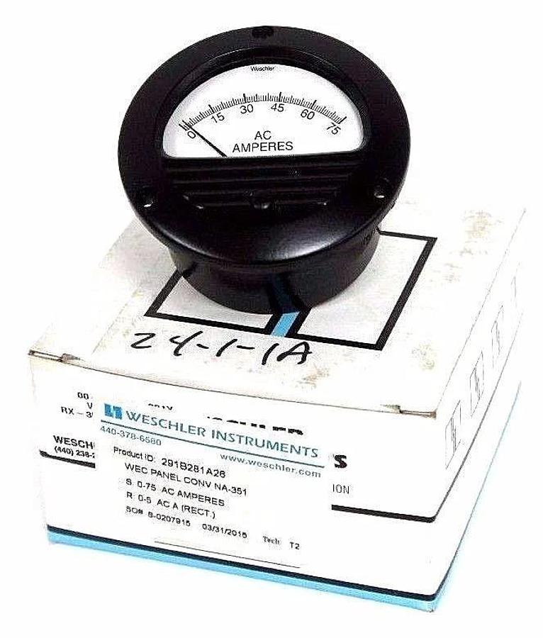 NIB WESCHLER INSTRUMENTS 291B281A26 PANEL METER 0-75 AC AMPERES