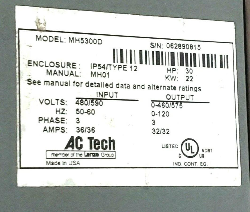 Used AC TECHNOLOGY / LENZE MH5300D AC DRIVE 30HP 9941-001 9953-214 9019-005