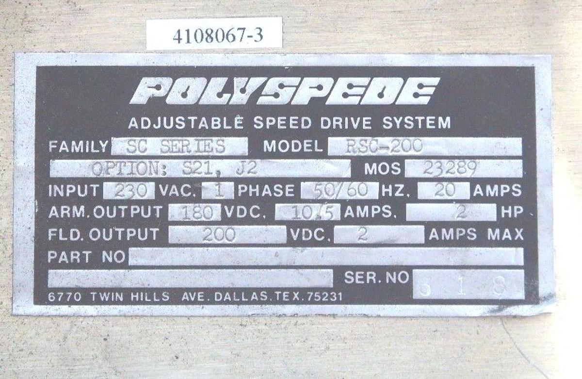 Used POLYSPEDE RSC-200 ADJUSTABLE SPEED DRIVE SYSTEM SC SERIES RSC200 2HP 1PHASE