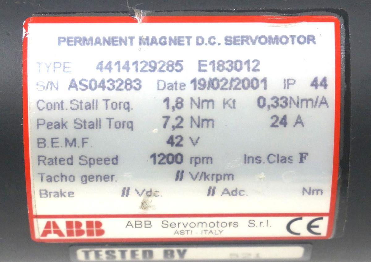 Used ABB 4414129285 E183012 PERMANENT MAGNET D.C. SERVOMOTOR 1200RPM, 24A, 42V
