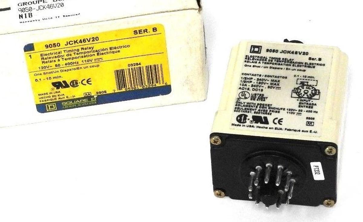 Used NIB SQUARE D 9050 JCK46V20 TIMING RELAY 0.1 - 10 MIN, 120V 50-400HZ 110V, SER. B