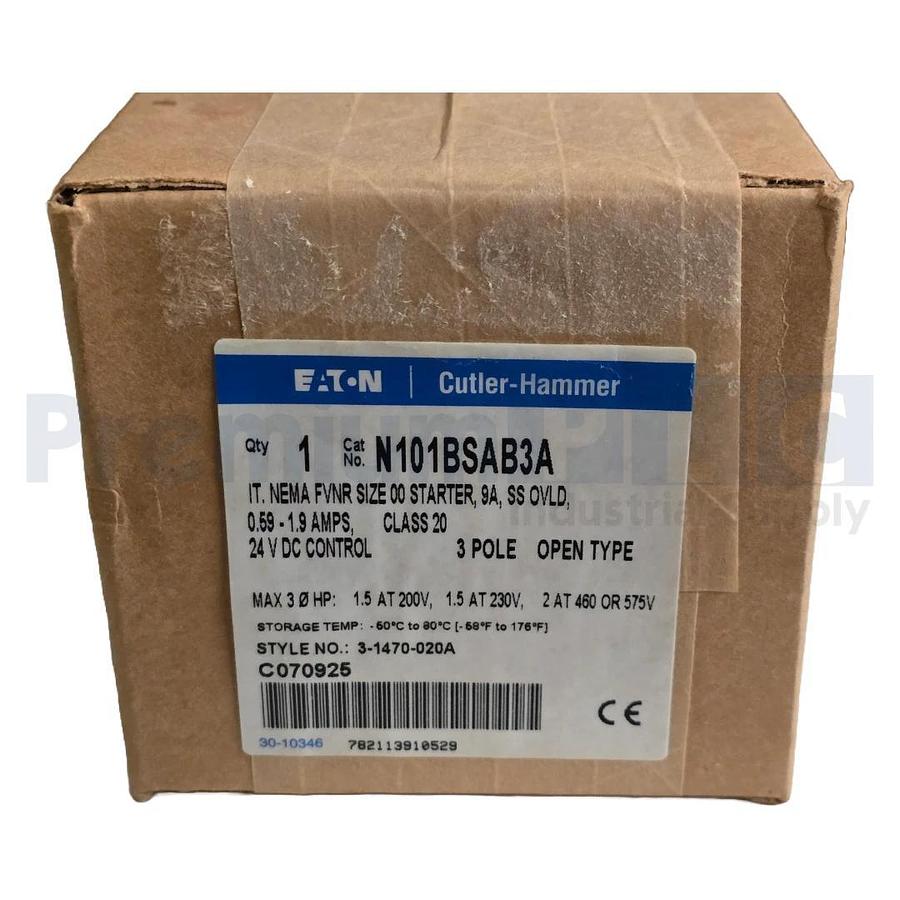 Used EATON CUTLER-HAMMER N101BSAB3A IT. NEMA FVNR SIZE 00 STARTER, 9A, SS OVLD. NSFS