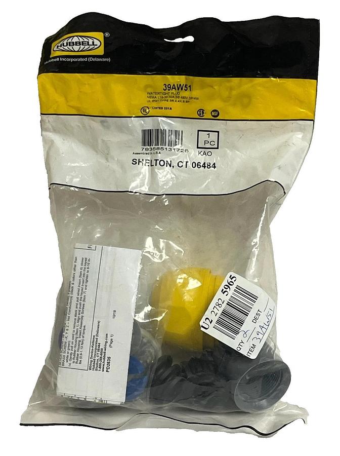 Used Hubbell 39AW51 Watertight Locking Plug – NEMA L16-30P, 30A, 3-Phase 480VAC