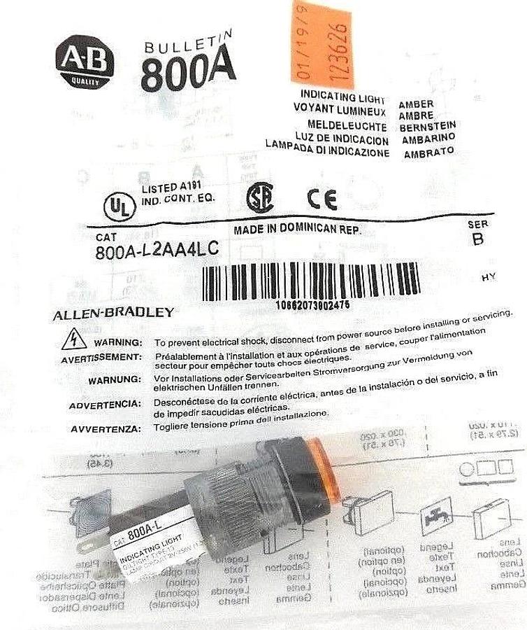 Used NEW ALLEN BRADLEY 800A-L2AA4LC INDICATING LIGHT AMBER SER. B, 800AL2AA4LC