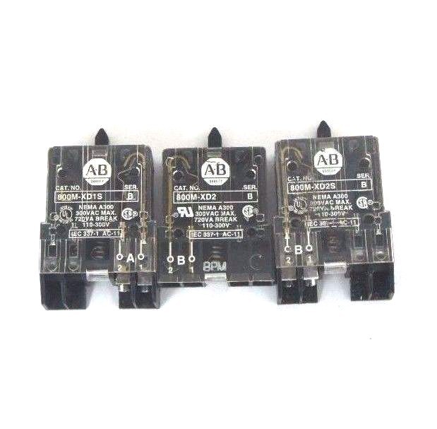 Used LOT OF 3 ALLEN BRADLEY CONTACT BLOCKS 800M-XD1S , 800M-XD2S , 800M-XD2 SER. B