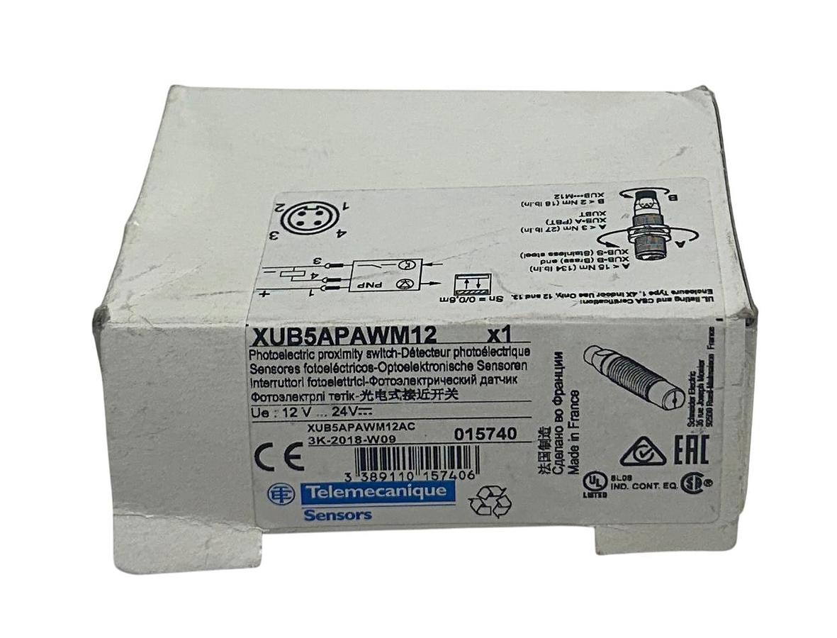 Used TELEMECANIQUE XUB5APAWM12 PHOTOELECTRIC PROXIMITY SWITCH / SENSOR 12-24VDC NSMP