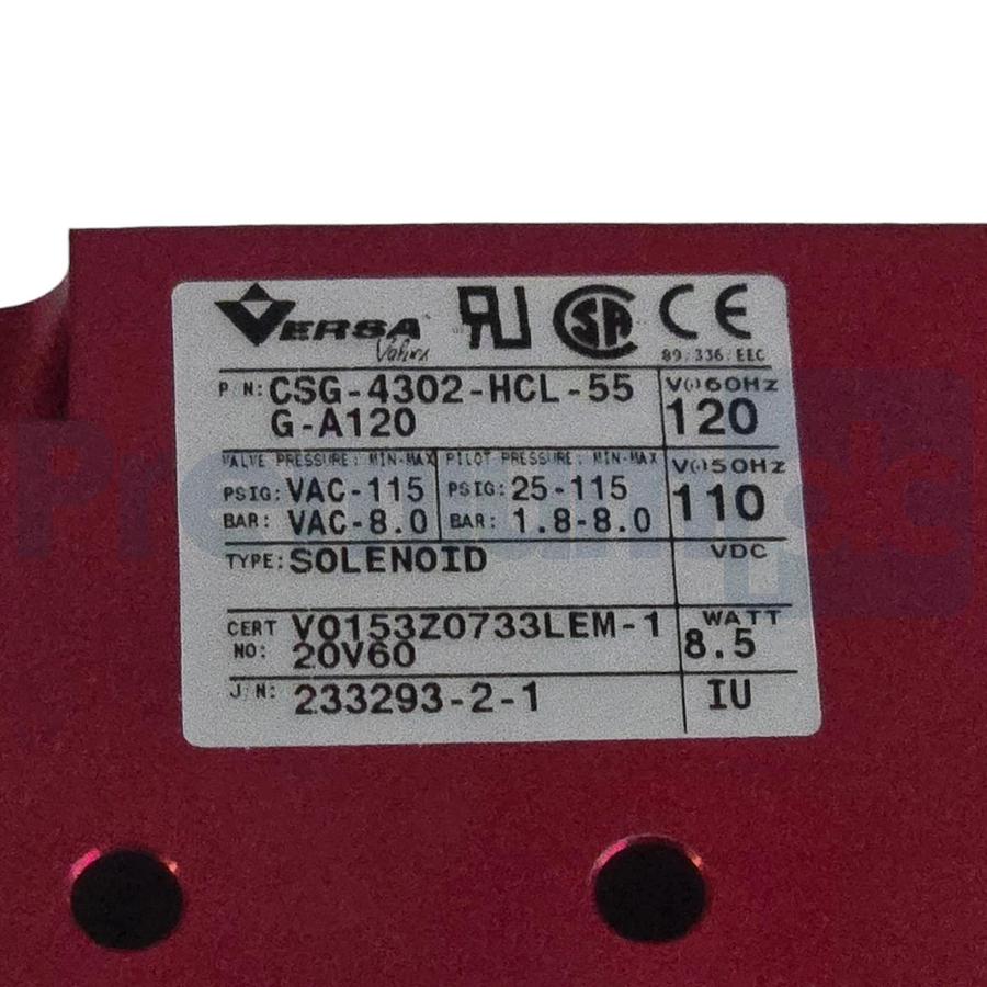 Versa Valves CSG-4302-HCL-55G-A120 Pneumatic 4-Way Valve, 120V AC, 1/4" NPT NEW