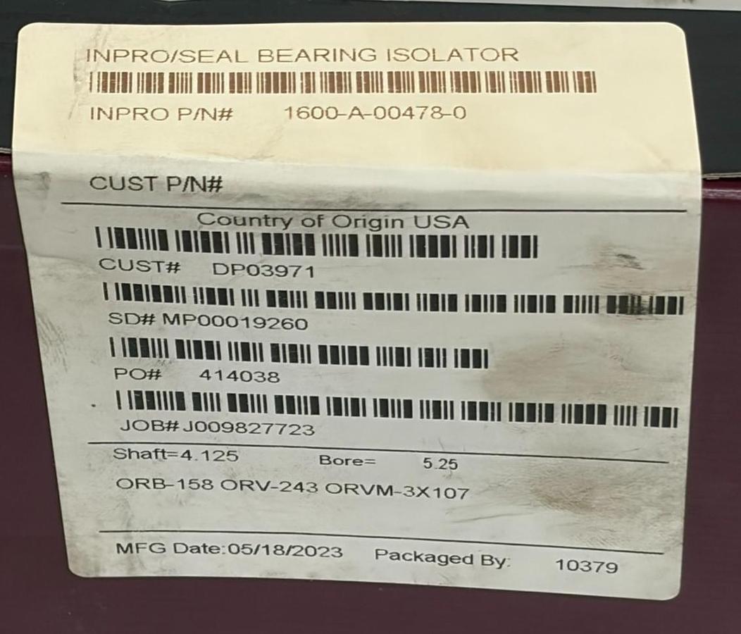 Inpro/Seal 1600-A-00478-0 VBX Bearing Isolator Shaft 4.125 Bore 5.25 New