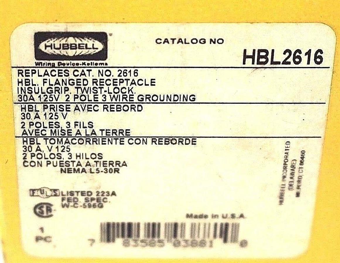 Used NIB HUBBELL HBL2616 FLANGED RECEPTACLE 30A 125V 2 POLE 3 WIRE CAT. NO. 2616