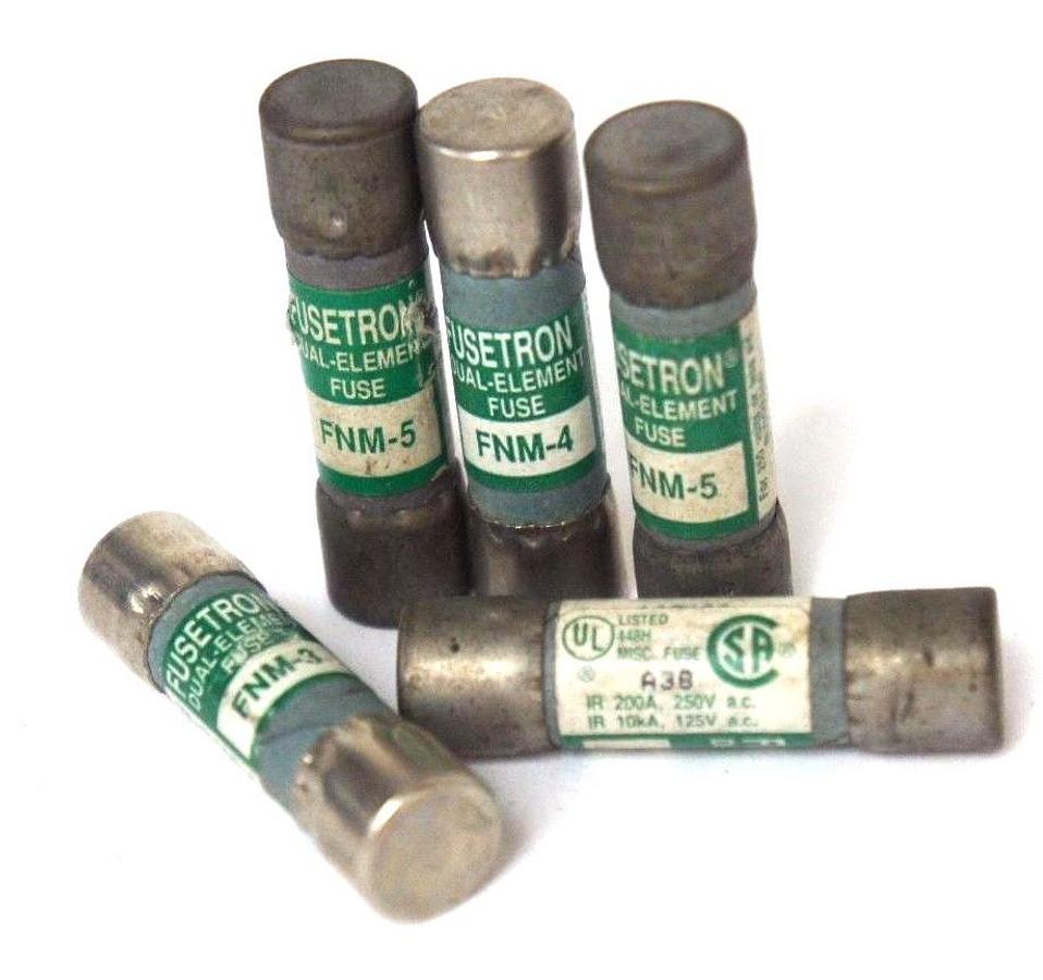 Used LOT OF 5 COOPER BUSSMANN FUSETRON FNM-5, FNM-4, FNM-3 DUAL ELEMENT FUSES