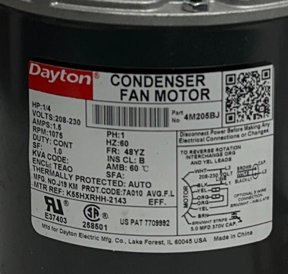 Used DAYTON 4M205BJ PERMANENT SPLIT CAPACITOR CONDENSER FAN MOTOR 1/4HP 208-230V NSNP