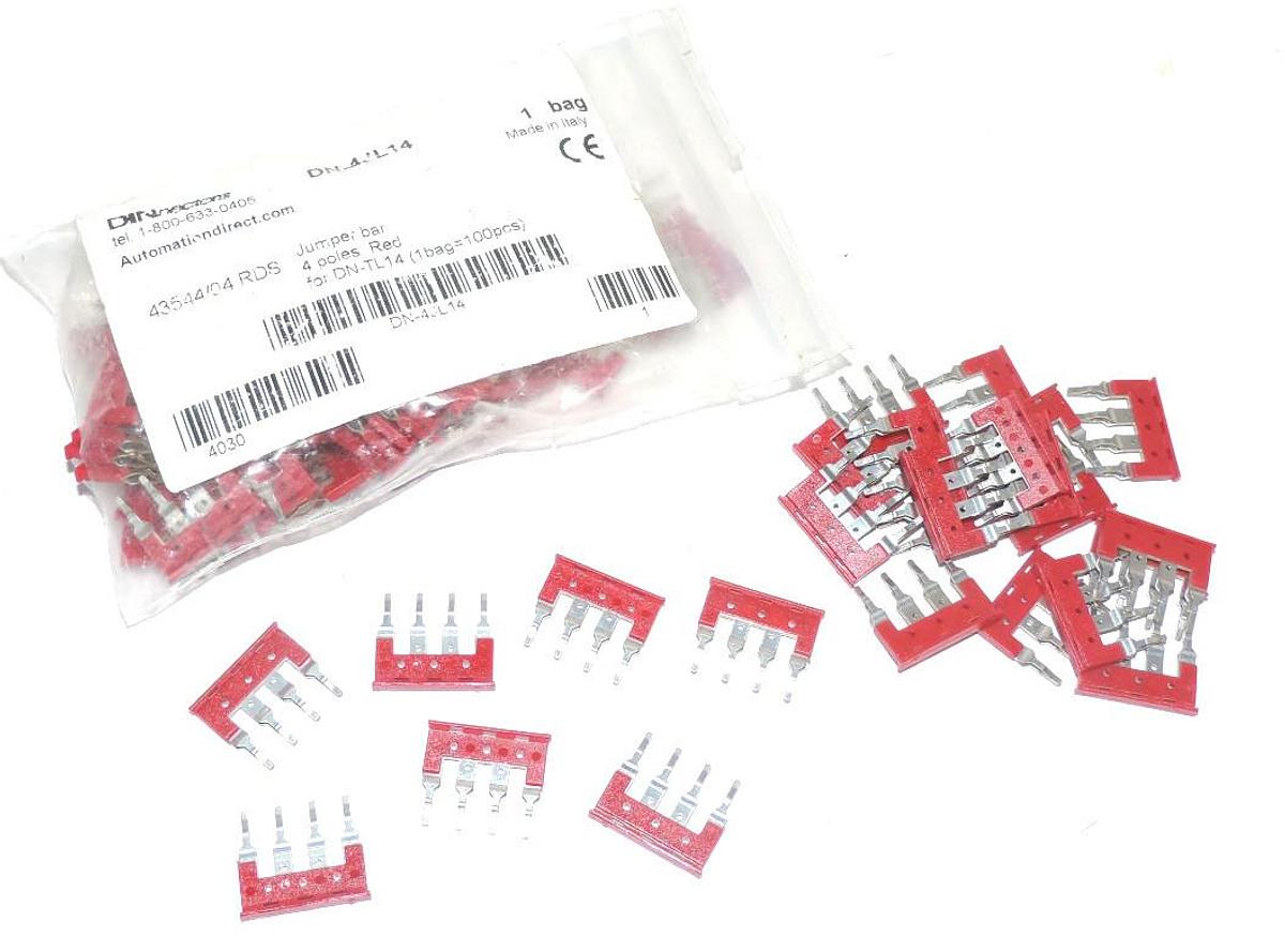 Used AUTOMATION DIRECT DN-4JL14 JUMPER BARS 4 POLES RED FOR DN-TL14 DINNECTORS QTY 83