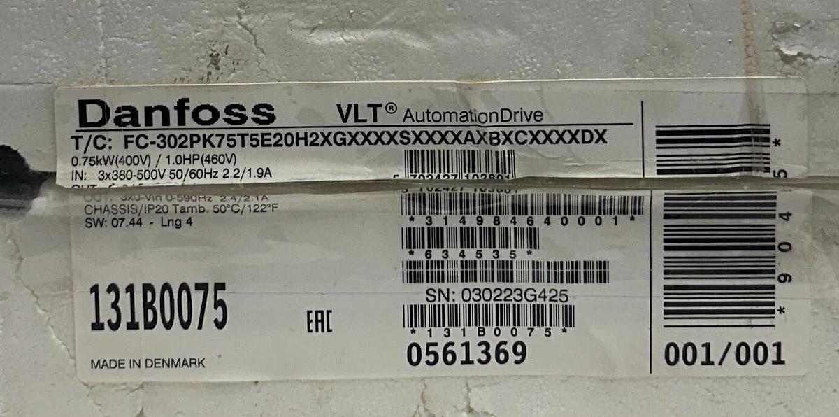 DANFOSS FC-302PK75T5E20H2XGXXXXSXXXXAXBXCXXXXDX / 131B0075 VLT DRIVE 1HP NSMP
