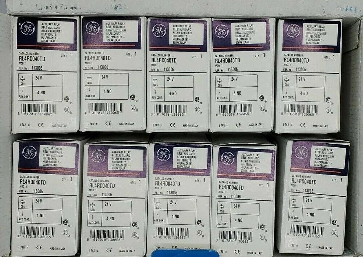 Used LOT OF 10 NIB GENERAL ELECTRIC RL4RD040TD RELAYS, 4 POLE, 24V COIL