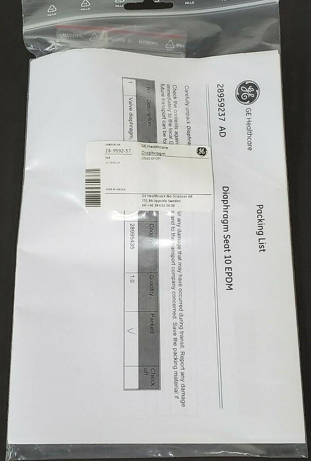 Used NEW GE HEALTHCARE 28-9592-37 VALVE DIAPHRAGMS DN10 EPDM 28959237 AD