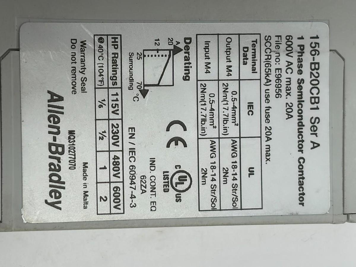 Used Allen Bradley 156-B20CB1 Solid State Contactor 20A 1 Ph 600VAC, Missing Cover