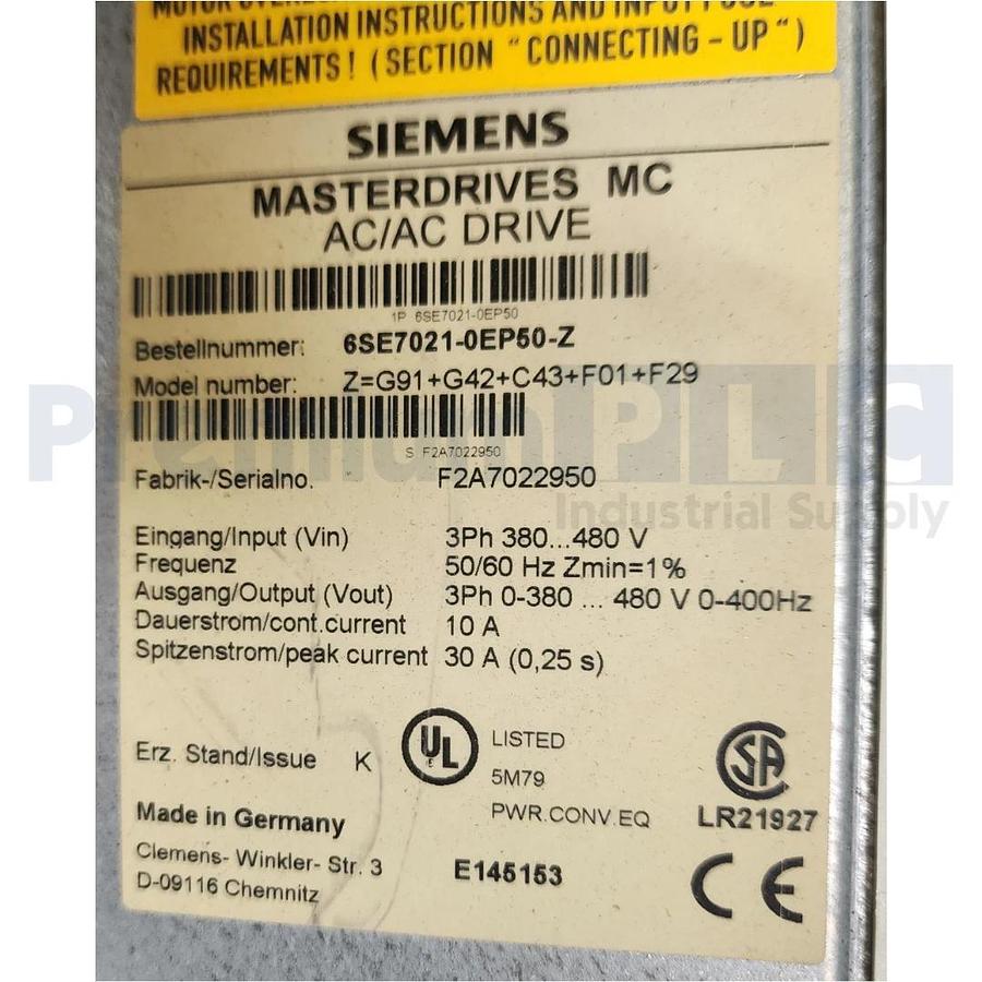 Used Siemens 6SE7021-0EP50-Z G91+G42+C43+F01+F29 SIMOVERT MASTERDRIVES MC AC/AC Drive