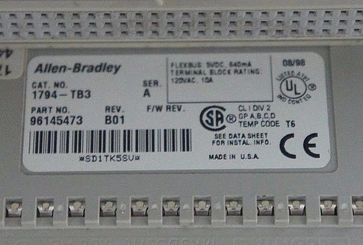 Used ALLEN BRADLEY 1794-TB3 TERMINAL BASE 1794TB3 SER. A REV. B01 P/N: 96145473