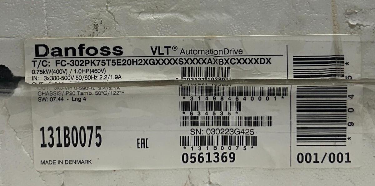 Used DANFOSS FC-302PK75T5E20H2XGXXXXSXXXXAXBXCXXXXDX / 131B0075 VLT DRIVE 1HP NSMP
