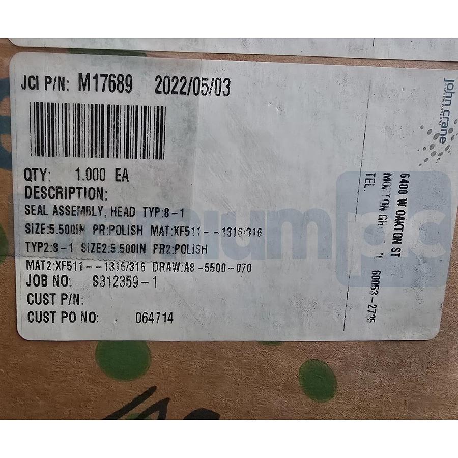 John Crane M17689 Type 8-1 5.500" Double Mechanical Seal Assembly 511-1315/316