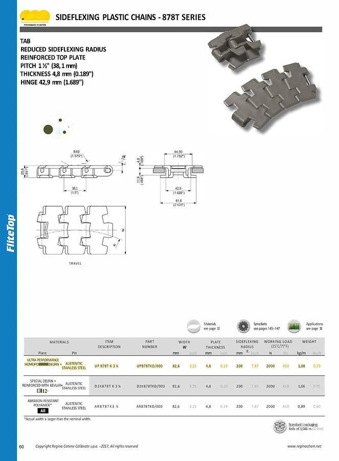 REGINA UP878TKD/000 - UP878T K3.1/4" FliteTop 878T SERIES CHAIN 10'LX3 ¼"WX1 ½"P