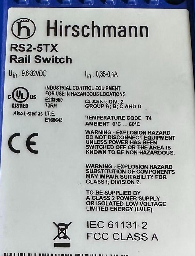 Used HIRSCHMANN RS2-5TX / RS25TX INDUSTRIAL ETHERNET RAIL SWITCH 5-PORT 32VDC