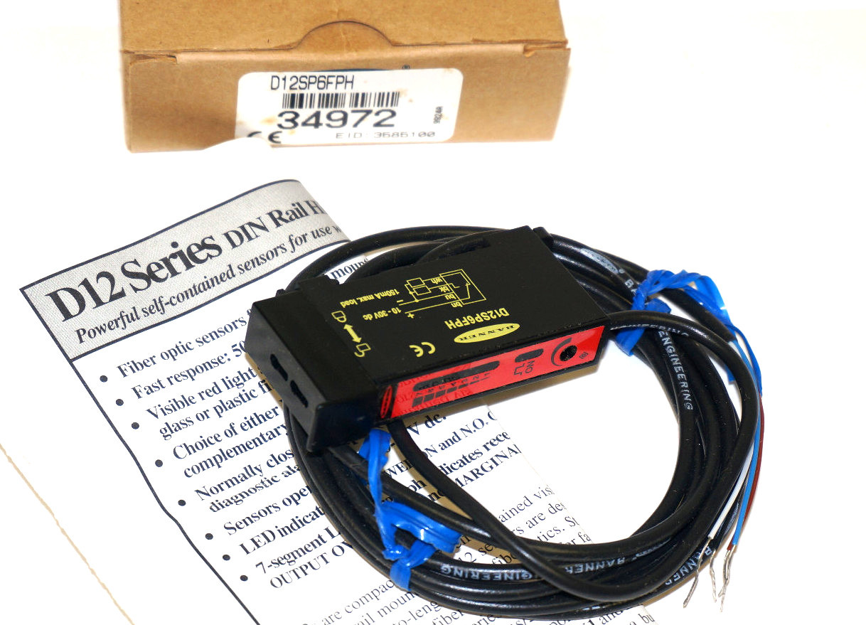 Used NIB BANNER D12SP6FPH HIGH POWER FIBER OPTIC SENSOR 34972, 10-30VDC 150MA