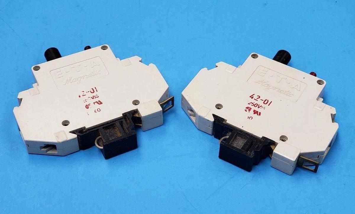 Used LOT OF 2 E-T-A MAGNETIC 42-01 CIRCUIT BREAKERS 250VAC, 1POLE, 4201